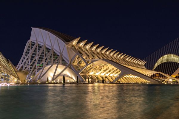Museo de las Ciencias Príncipe Felipe frente al Hemisfèric de Valencia, fachada blanca con estructura de huesos